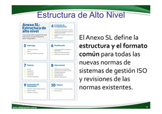 www.calidad‐gestion.com.ar
Estructura de Alto Nivel
18www.calidad‐gestion.com.ar
El Anexo SL define la 
estructura y el fo...