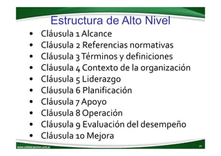 www.calidad‐gestion.com.ar
Estructura de Alto Nivel
20www.calidad‐gestion.com.ar
• Cláusula 1 Alcance
• Cláusula 2 Referen...