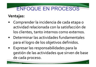 www.calidad‐gestion.com.ar
ENFOQUE EN PROCESOS
52www.calidad‐gestion.com.ar
Ventajas:
• Comprender la incidencia de cada e...