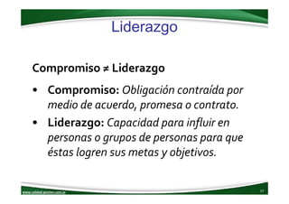 www.calidad‐gestion.com.ar
Liderazgo
57www.calidad‐gestion.com.ar
Compromiso ≠ Liderazgo
• Compromiso: Obligación contraíd...