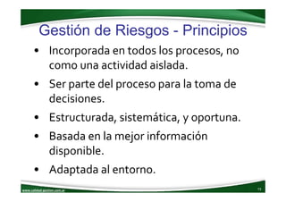 www.calidad‐gestion.com.ar
Gestión de Riesgos - Principios
73www.calidad‐gestion.com.ar
• Incorporada en todos los proceso...