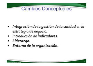 www.calidad‐gestion.com.ar
Cambios Conceptuales
8www.calidad‐gestion.com.ar
• Integración de la gestión de la calidad en l...
