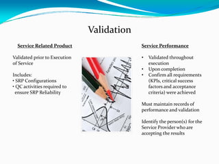 Validation
Service Related Product
Validated prior to Execution
of Service
Includes:
• SRP Configurations
• QC activities required to 
ensure SRP Reliability
Service Performance
• Validated throughout 
execution
• Upon completion
• Confirm all requirements 
(KPIs, critical success 
factors and acceptance 
criteria) were achieved
Must maintain records of 
performance and validation
Identify the person(s) for the
Service Provider who are
accepting the results
 