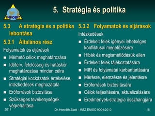 5. Stratégia és politika
5.3 A stratégia és a politika 5.3.2 Folyamatok és eljárások
   lebontása                  Intézkedések
5.3.1 Általános rész           Érdekelt felek igényei lehetséges

Folyamatok és eljárások                       konfliktusai megelőzésére
 Mérhető célok meghatározása
                                             Hibák és megismétlődésük ellen
 Időterv, felelősség és hatáskör
                                             Érdekelt felek tájékoztatására
   meghatározása minden célra                MIR és folyamatai karbantartására
 Stratégiai kockázatok értékelése,          Mérésre, elemzésre és jelentésre
   intézkedések meghozatala                  Erőforrások biztosítására
 Erőforrások biztosítása                    Célok teljesítésére, aktualizálására
 Szükséges tevékenységek                    Eredmények-stratégia összhangjára
   végrehajtása
2011                      Dr. Horváth Zsolt - MSZ ENISO 9004:2010             18
 