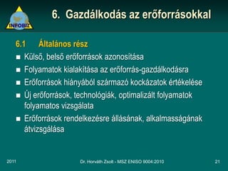 6. Gazdálkodás az erőforrásokkal

   6.1 Általános rész
    Külső, belső erőforrások azonosítása
    Folyamatok kialakítása az erőforrás-gazdálkodásra
    Erőforrások hiányából származó kockázatok értékelése
    Új erőforrások, technológiák, optimalizált folyamatok
      folyamatos vizsgálata
    Erőforrások rendelkezésre állásának, alkalmasságának
      átvizsgálása


2011                  Dr. Horváth Zsolt - MSZ ENISO 9004:2010   21
 