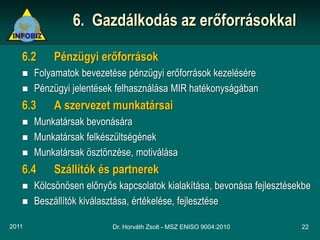 6. Gazdálkodás az erőforrásokkal

   6.2     Pénzügyi erőforrások
      Folyamatok bevezetése pénzügyi erőforrások kezelésére
      Pénzügyi jelentések felhasználása MIR hatékonyságában
   6.3     A szervezet munkatársai
      Munkatársak bevonására
      Munkatársak felkészültségének
      Munkatársak ösztönzése, motiválása
   6.4     Szállítók és partnerek
      Kölcsönösen előnyős kapcsolatok kialakítása, bevonása fejlesztésekbe
      Beszállítók kiválasztása, értékelése, fejlesztése

2011                      Dr. Horváth Zsolt - MSZ ENISO 9004:2010       22
 
