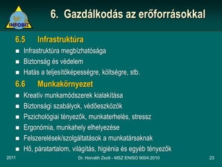 6. Gazdálkodás az erőforrásokkal

   6.5      Infrastruktúra
      Infrastruktúra megbízhatósága
      Biztonság és védelem
      Hatás a teljesítőképességre, költségre, stb.
   6.6      Munkakörnyezet
      Kreatív munkamódszerek kialakítása
      Biztonsági szabályok, védőeszközök
      Pszichológiai tényezők, munkaterhelés, stressz
      Ergonómia, munkahely elhelyezése
      Felszerelések/szolgáltatások a munkatársaknak
      Hő, páratartalom, világítás, higiénia és egyéb tényezők
2011                       Dr. Horváth Zsolt - MSZ ENISO 9004:2010   23
 