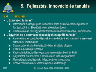 9. Fejlesztés, innováció és tanulás
9.4        Tanulás
      „Szervezeti tanulás”
          Információk összegyűjtése különböző belső és külső eseményekből és
           forrásokból (inc. Sikertörténetek, sikertelenségek)
          Tisztánlátás az összegyűjtött információk rendszerezéséből, elemzéséből
      „Egyének és a szervezet képességeit integráló tanulás”
          A munkatársak gondolkodásának és viselkedésének, valamint a szervezet
           értékeinek kombinálása
          Szervezet értékei a küldetés, jövőkép, stratégia alapján
          Vezetés „példakép” szerepe
          Kapcsolatépítés, tudásmegosztás szervezeten belül és kívül
          Folyamatok / rendszerek a tanulásra és tudásmegosztásra
          Munkatársak tanulásának, fejlesztésének támogatása
          Szervezet munkatársi véleményeinek sokfélesége
2011                          Dr. Horváth Zsolt - MSZ ENISO 9004:2010            31
 