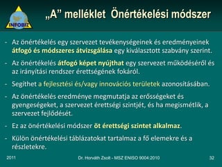„A” melléklet Önértékelési módszer

- Az önértékelés egy szervezet tevékenységeinek és eredményeinek
  átfogó és módszeres átvizsgálása egy kiválasztott szabvány szerint.
- Az önértékelés átfogó képet nyújthat egy szervezet működéséről és
  az irányítási rendszer érettségének fokáról.
- Segíthet a fejlesztési és/vagy innovációs területek azonosításában.
- Az önértékelés eredménye megmutatja az erősségeket és
  gyengeségeket, a szervezet érettségi szintjét, és ha megismétlik, a
  szervezet fejlődését.
- Ez az önértékelési módszer öt érettségi szintet alkalmaz.
- Külön önértékelési táblázatokat tartalmaz a fő elemekre és a
  részletekre.
2011                    Dr. Horváth Zsolt - MSZ ENISO 9004:2010         32
 