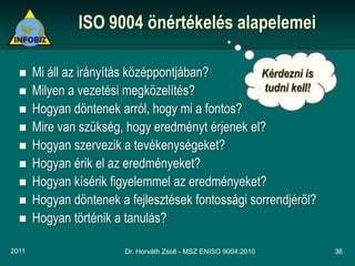 ISO 9004 önértékelés alapelemei

      Mi áll az irányítás középpontjában?         Kérdezni is
      Milyen a vezetési megközelítés?              tudni kell!
      Hogyan döntenek arról, hogy mi a fontos?
      Mire van szükség, hogy eredményt érjenek el?
      Hogyan szervezik a tevékenységeket?
      Hogyan érik el az eredményeket?
      Hogyan kísérik figyelemmel az eredményeket?
      Hogyan döntenek a fejlesztések fontossági sorrendjéről?
      Hogyan történik a tanulás?

2011                     Dr. Horváth Zsolt - MSZ ENISO 9004:2010   36
 