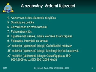 A szabvány érdemi fejezetei

       4.   A szervezet tartós sikerének irányítása
       5.   Stratégia és politika
       6.   Gazdálkodás az erőforrásokkal
       7.   Folyamatirányítás
       8.   Figyelemmel kísérés, mérés, elemzés és átvizsgálás
       9.   Fejlesztés, innováció és tanulás
       „A” melléklet (tájékoztató jellegű) Önértékelési módszer
       „B” melléklet (tájékoztató jellegű) Minőségirányítási alapelvek
       „C” melléklet (tájékoztató jellegű) Összefüggés az ISO
          9004:2009 és az ISO 9001:2008 között

2011                          Dr. Horváth Zsolt - MSZ ENISO 9004:2010    5
 