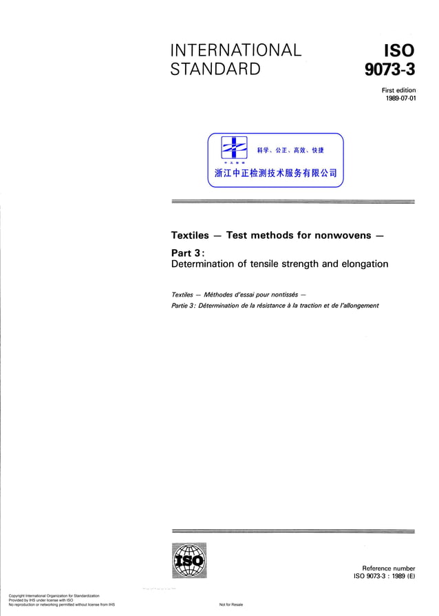 Iso 9073 3 1989 textiles test methods nonwovens part 3 determination tensile strength