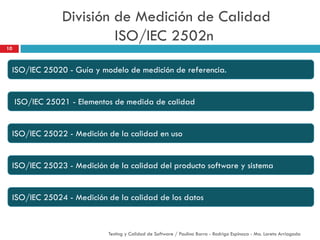 División de Medición de Calidad
ISO/IEC 2502n
ISO/IEC 25020 - Guía y modelo de medición de referencia.
ISO/IEC 25022 - Medición de la calidad en uso
ISO/IEC 25024 - Medición de la calidad de los datos
ISO/IEC 25023 - Medición de la calidad del producto software y sistema
ISO/IEC 25021 - Elementos de medida de calidad
10
Testing y Calidad de Software / Paulina Barra - Rodrigo Espinoza - Ma. Loreto Arriagada
 