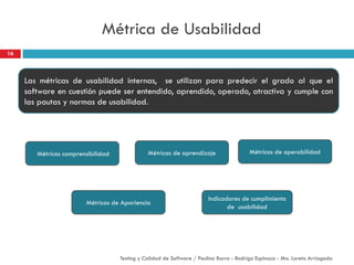 Métrica de Usabilidad
16
Testing y Calidad de Software / Paulina Barra - Rodrigo Espinoza - Ma. Loreto Arriagada
Las métricas de usabilidad internas, se utilizan para predecir el grado al que el
software en cuestión puede ser entendido, aprendido, operado, atractiva y cumple con
las pautas y normas de usabilidad.
Métricas comprensibilidad
Indicadores de cumplimiento
de usabilidad
Métricas de operabilidadMétricas de aprendizaje
Métricas de Apariencia
 