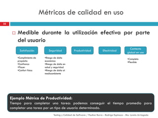 Métricas de calidad en uso
 Medible durante la utilización efectiva por parte
del usuario
25
Ejemplo Métrica de Productividad:
Tiempo para completar una tarea: podemos conseguir el tiempo promedio para
completar una tarea por un tipo de usuario determinado.
Testing y Calidad de Software / Paulina Barra - Rodrigo Espinoza - Ma. Loreto Arriagada
Efectividad
Contexto
global en uso
Satisfacción ProductividadSeguridad
•Riesgo de daño
económico
•Riesgo de daño en
salud y seguridad
•Riesgo de daño al
medioambiente
•Cumplimiento de
propósito
•Confianza
•Placer
•Confort físico
•Completo
•Flexible
 