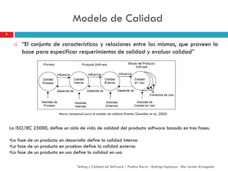 Modelo de Calidad
 “El conjunto de características y relaciones entre las mismas, que proveen la
base para especificar requerimientos de calidad y evaluar calidad”
Marco conceptual para el modelo de calidad (Fuente: González et al., 2002)
La ISO/IEC 25000, define un ciclo de vida de calidad del producto software basado en tres fases:
•La fase de un producto en desarrollo define la calidad interna
•La fase de un producto en pruebas define la calidad externa
•La fase de un producto en uso define la calidad en uso
7
Testing y Calidad de Software / Paulina Barra - Rodrigo Espinoza - Ma. Loreto Arriagada
 