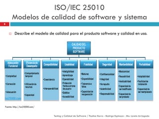 ISO/IEC 25010
Modelos de calidad de software y sistema
 Describe el modelo de calidad para el producto software y calidad en uso.
8
Fuente: http://iso25000.com/
Testing y Calidad de Software / Paulina Barra - Rodrigo Espinoza - Ma. Loreto Arriagada
 