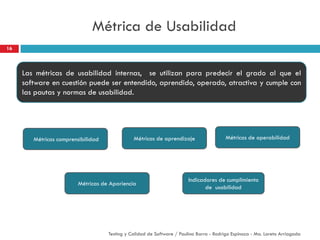 Métrica de Usabilidad
16
Testing y Calidad de Software / Paulina Barra - Rodrigo Espinoza - Ma. Loreto Arriagada
Las métri...