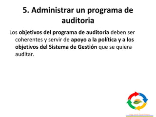 5. Administrar un programa de
auditoria
Podemos poner una serie de ejemplos de los diferentes
objetivos de un programa de ...