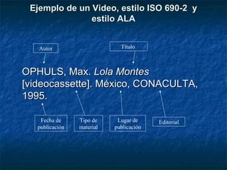 Ejemplo de un Video, estilo ISO 690-2  y estilo ALA <ul><li>OPHULS, Max.  Lola Montes   [videocassette]. México, CONACULTA...