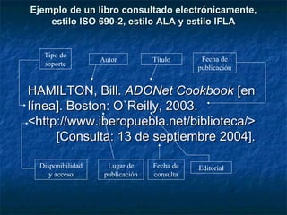 Ejemplo de un libro consultado electrónicamente, estilo ISO 690-2, estilo ALA y estilo IFLA <ul><li>HAMILTON, Bill.  ADONe...