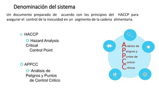Denominación del sistema
 HACCP
 Hazard Analysis
Critical
Control Point
 APPCC
 Análisis de
Peligros y Puntos
de Control Critico
Un documento preparado de acuerdo con los principios del HACCP para
asegurar el control de la inocuidad en un segmento de la cadena alimentaria.
 