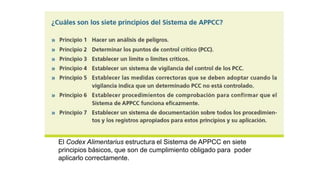 El Codex Alimentarius estructura el Sistema de APPCC en siete
principios básicos, que son de cumplimiento obligado para poder
aplicarlo correctamente.
 