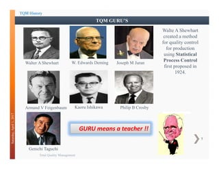 Total Quality Management
7
Saturday,April1,2017
Walter A Shewhart W. Edwards Deming Joseph M Juran
Armand V Feigenbaum Kaoru Ishikawa Philip B Crosby
Genichi Taguchi
TQM History
GURU means a teacher !!
Walte A Shewhart
created a method
for quality control
for production
using Statistical
Process Control
first proposed in
1924.
TQM GURU’S
 