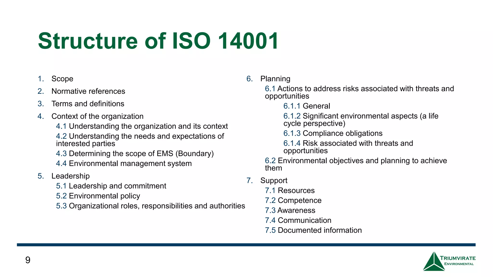 Structure of ISO 14001
1. Scope
2. Normative references
3. Terms and definitions
4. Context of the organization
4.1 Understanding the organization and its context
4.2 Understanding the needs and expectations of
interested parties
4.3 Determining the scope of EMS (Boundary)
4.4 Environmental management system
5. Leadership
5.1 Leadership and commitment
5.2 Environmental policy
5.3 Organizational roles, responsibilities and authorities
6. Planning
6.1 Actions to address risks associated with threats and
opportunities
6.1.1 General
6.1.2 Significant environmental aspects (a life
cycle perspective)
6.1.3 Compliance obligations
6.1.4 Risk associated with threats and
opportunities
6.2 Environmental objectives and planning to achieve
them
7. Support
7.1 Resources
7.2 Competence
7.3 Awareness
7.4 Communication
7.5 Documented information
9
 