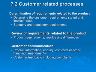 7.2 Customer related processes.  Determination of requirements related to the product Determine the customer requirements stated and implied needs Statutory and regulatory requirements  Review of requirements related to the product  Product requirements, resolve any differences  Customer communication: Product information, enquiry, contracts or order handling, amendments Customer feedback, including complaints : 