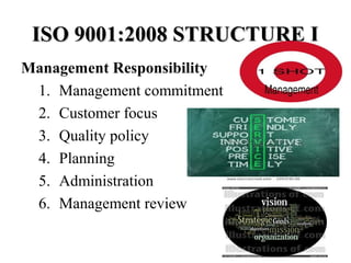 ISO 9001:2008 STRUCTURE IISO 9001:2008 STRUCTURE I
Management Responsibility
1. Management commitment
2. Customer focus
3. Quality policy
4. Planning
5. Administration
6. Management review
 