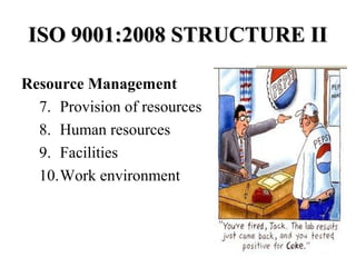 ISO 9001:2008 STRUCTURE IIISO 9001:2008 STRUCTURE II
Resource Management
7. Provision of resources
8. Human resources
9. Facilities
10.Work environment
 