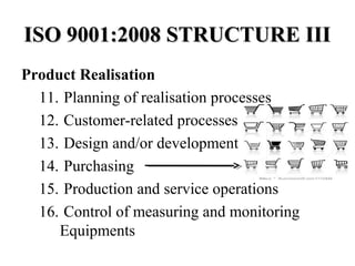 ISO 9001:2008 STRUCTURE IIIISO 9001:2008 STRUCTURE III
Product Realisation
11. Planning of realisation processes
12. Customer-related processes
13. Design and/or development
14. Purchasing
15. Production and service operations
16. Control of measuring and monitoring
Equipments
 