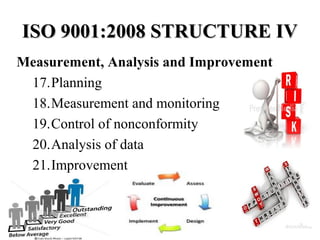 ISO 9001:2008 STRUCTURE IVISO 9001:2008 STRUCTURE IV
Measurement, Analysis and Improvement
17.Planning
18.Measurement and monitoring
19.Control of nonconformity
20.Analysis of data
21.Improvement
 