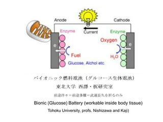 前途洋々＝前途多難＝武運長久を祈るのみ
Bionic (Glucose) Battery (workable inside body tissue)
Tohoku University, profs. Nishizawa and Kaji)
 