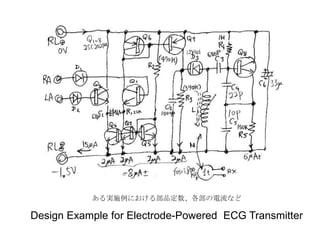 ある実施例における部品定数、各部の電流など
Design Example for Electrode-Powered ECG Transmitter
 