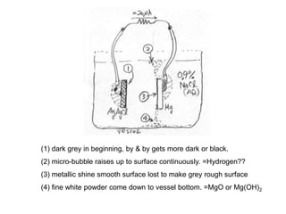(1) dark grey in beginning, by & by gets more dark or black.
(2) micro-bubble raises up to surface continuously. =Hydrogen??
(3) metallic shine smooth surface lost to make grey rough surface
(4) fine white powder come down to vessel bottom. =MgO or Mg(OH)2
 