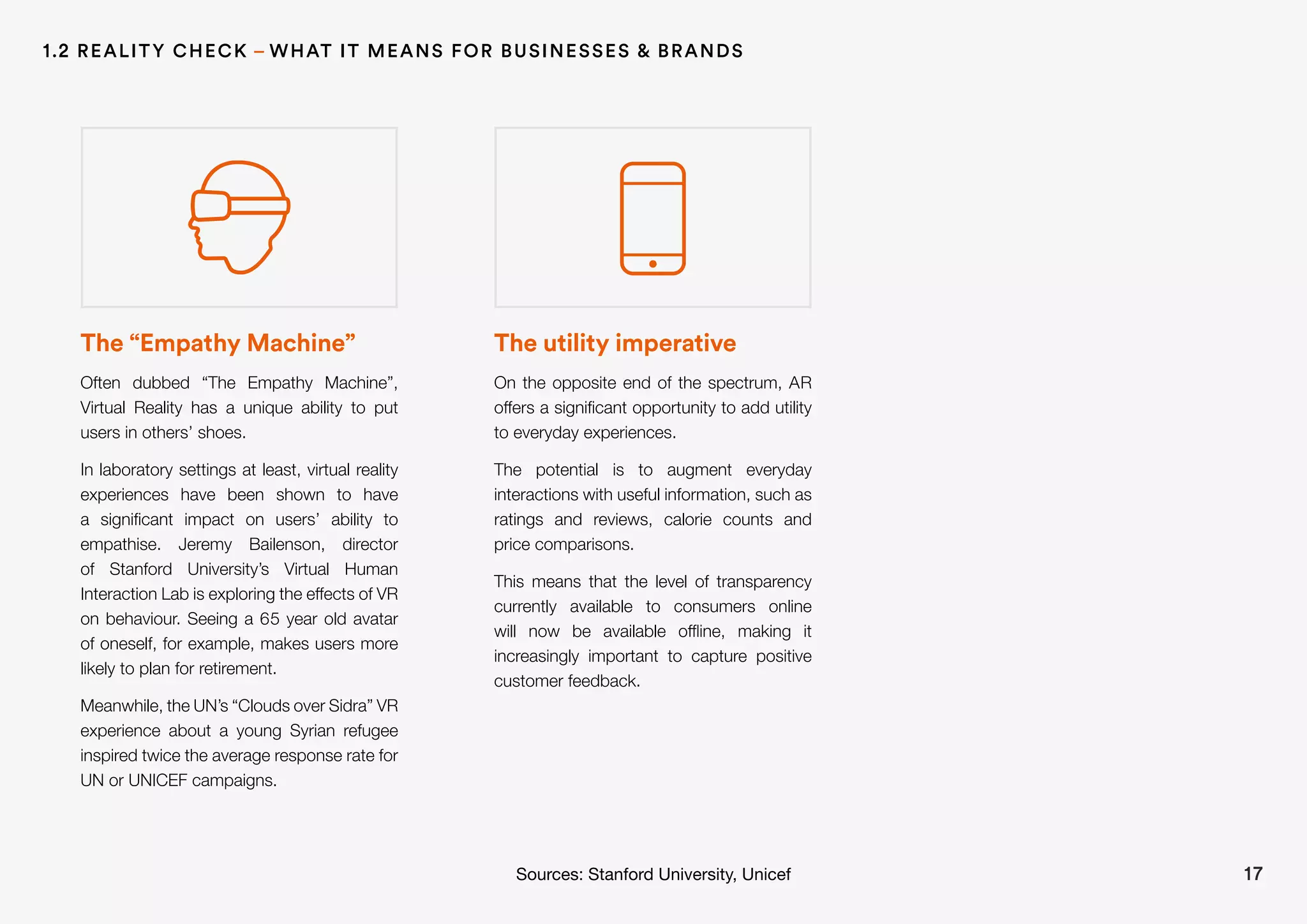 The “Empathy Machine”
Often dubbed “The Empathy Machine”,
Virtual Reality has a unique ability to put
users in others’ shoes.
In laboratory settings at least, virtual reality
experiences have been shown to have
a significant impact on users’ ability to
empathise. Jeremy Bailenson, director
of Stanford University’s  Virtual Human
Interaction Lab is exploring the effects of VR
on behaviour. Seeing a 65 year old avatar
of oneself, for example, makes users more
likely to plan for retirement.
Meanwhile, the UN’s “Clouds over Sidra” VR
experience about a young Syrian refugee
inspired twice the average response rate for
UN or UNICEF campaigns.
The utility imperative
On the opposite end of the spectrum, AR
offers a significant opportunity to add utility
to everyday experiences.
The potential is to augment everyday
interactions with useful information, such as
ratings and reviews, calorie counts and
price comparisons.
This means that the level of transparency
currently available to consumers online
will now be available offline, making it
increasingly important to capture positive
customer feedback.
17
1.2 REALITY CHECK – WHAT IT MEANS FOR BUSINESSES & BRANDS
Sources: Stanford University, Unicef
 