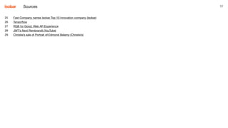 51
25 		 Fast Company names Isobar Top 10 Innovation company (Isobar)
26		 Tensorflow
27		 RGB for Good: Web AR Experience
28		 JWT’s Next Rembrandt (YouTube)
29		 Christie’s sale of Portrait of Edmond Belamy (Christie’s)
Sources
 