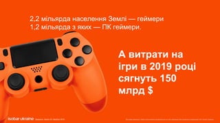 Все права защищены. Любое использование материалов или их части запрещено без письменного разрешения ООО «Адпро Украина».
2,2 мільярда населення Землі — геймери
1,2 мільярда з яких — ПК геймери.
А витрати на
ігри в 2019 році
сягнуть 150
млрд $
Джерело: Gamin IO, NewZoo 2019
 