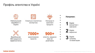 Все права защищены. Любое использование материалов или их части запрещено без письменного разрешения ООО «Адпро Украина».
Digital-
консалтинг і
навчання
Digital-
мaркетинг
Digital-
супровід
та екзек’юшен
1
2
3
Напрями:
Найсильніший
медіабаїнг в
Україні
Унікальна стратегічна
експертиза
Нагороди й
креативні
продукти
7000+
зреалізованих
проєктів
900+
клієнтів, завдання
яких ми
розв’язали
Виробництво
360-градусного
digital-контенту
Профіль агентства в Україні
 