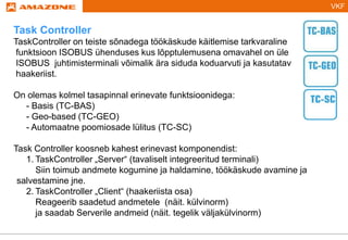 VKF
Task Controller
TaskController on teiste sõnadega töökäskude käitlemise tarkvaraline
funktsioon ISOBUS ühenduses kus lõpptulemusena omavahel on üle
ISOBUS juhtimisterminali võimalik ära siduda koduarvuti ja kasutatav
haakeriist.
On olemas kolmel tasapinnal erinevate funktsioonidega:
- Basis (TC-BAS)
- Geo-based (TC-GEO)
- Automaatne poomiosade lülitus (TC-SC)
Task Controller koosneb kahest erinevast komponendist:
1. TaskController „Server“ (tavaliselt integreeritud terminali)
Siin toimub andmete kogumine ja haldamine, töökäskude avamine ja
salvestamine jne.
2. TaskController „Client“ (haakeriista osa)
Reageerib saadetud andmetele (näit. külvinorm)
ja saadab Serverile andmeid (näit. tegelik väljakülvinorm)
 