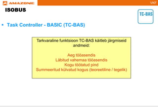 VKF
 Task Controller - BASIC (TC-BAS)
ISOBUS
Tarkvaraline funktsioon TC-BAS käitleb järgmiseid
andmeid:
Aeg tööasendis
Läbitud vahemaa tööasendis
Kogu töötatud pind
Summeeritud külvatud kogus (teoreetiline / tegelik)
 