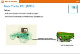 VKF
Eelised:
- Liikumiskiirusest sõltumatu väljakülvikogus
- Ühendusvinklist sõltuvad haakeriista seadistused
andmete edastamine
töö korrigeerimine
Basic Tractor ECU (TECU)
 