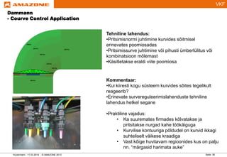 VKF
Dammann
- Courve Control Application
Seite: 36Kovermann - 11.03.2014 - © AMAZONE 2013
Tehniline lahendus:
•Pritsimisnormi juhtimine kurvides sõitmisel
erinevates poomiosades
•Pritsimissurve juhtimine või pihusti ümberlülitus või
kombinatsioon mõlemast
•Käsitletakse eraldi viite poomiosa
Kommentaar:
•Kui kiiresti kogu süsteem kurvides sõites tegelikult
reageerib?
•Erinevate survereguleerimislahenduste tehniline
lahendus hetkel segane
•Praktiline vajadus:
• Ka suuremates firmades kõlvatakse ja
pritsitakse nurgad kahe töökäiguga
• Kurvilise kontuuriga põldudel on kurvid ikkagi
suhteliselt väikese kraadiga
• Vast kõige huvitavam regioonides kus on palju
nn. “märgasid harimata auke”
 