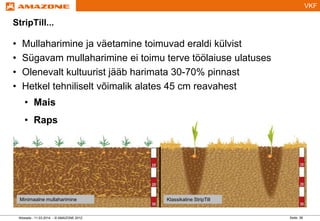 VKF
StripTill...
• Mullaharimine ja väetamine toimuvad eraldi külvist
• Sügavam mullaharimine ei toimu terve töölaiuse ulatuses
• Olenevalt kultuurist jääb harimata 30-70% pinnast
• Hetkel tehniliselt võimalik alates 45 cm reavahest
• Mais
• Raps
Seite: 38Wessels - 11.03.2014 - © AMAZONE 2012
Minimaalne mullaharimine Klassikaline StripTill
 