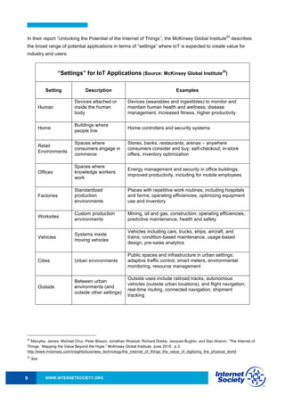 WWW.INTERNETSOCIETY.ORG9
In their report “Unlocking the Potential of the Internet of Things’’, the McKinsey Global Institute
24
describes
the broad range of potential applications in terms of “settings” where IoT is expected to create value for
industry and users.
“Settings” for IoT Applications (Source: McKinsey Global Institute
25
)
Setting Description Examples
Human
Devices attached or
inside the human
body
Devices (wearables and ingestibles) to monitor and
maintain human health and wellness; disease
management, increased fitness, higher productivity
Home
Buildings where
people live
Home controllers and security systems
Retail
Environments
Spaces where
consumers engage in
commerce
Stores, banks, restaurants, arenas – anywhere
consumers consider and buy; self-checkout, in-store
offers, inventory optimization
Offices
Spaces where
knowledge workers
work
Energy management and security in office buildings;
improved productivity, including for mobile employees
Factories
Standardized
production
environments
Places with repetitive work routines, including hospitals
and farms; operating efficiencies, optimizing equipment
use and inventory
Worksites
Custom production
environments
Mining, oil and gas, construction; operating efficiencies,
predictive maintenance, health and safety
Vehicles
Systems inside
moving vehicles
Vehicles including cars, trucks, ships, aircraft, and
trains; condition-based maintenance, usage-based
design, pre-sales analytics
Cities Urban environments
Public spaces and infrastructure in urban settings;
adaptive traffic control, smart meters, environmental
monitoring, resource management
Outside
Between urban
environments (and
outside other settings)
Outside uses include railroad tracks, autonomous
vehicles (outside urban locations), and flight navigation;
real-time routing, connected navigation, shipment
tracking
24
Manyika, James, Michael Chui, Peter Bisson, Jonathan Woetzel, Richard Dobbs, Jacques Bughin, and Dan Aharon. “The Internet of
Things: Mapping the Value Beyond the Hype.” McKinsey Global Institute, June 2015. p.3.
http://www.mckinsey.com/insights/business_technology/the_internet_of_things_the_value_of_digitizing_the_physical_world
25
Ibid.
 