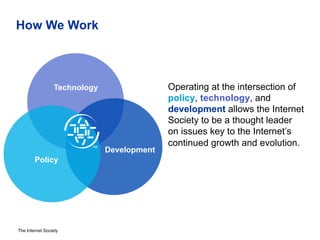 The Internet Society
How We Work
Operating at the intersection of
policy, technology, and
development allows the Internet
Society to be a thought leader
on issues key to the Internet’s
continued growth and evolution.
Technology
Development
Policy
 