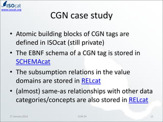 www.isocat.org

CGN case study

• Atomic building blocks of CGN tags are
defined in ISOcat (still private)
• The EBNF schema of a CGN tag is stored in
SCHEMAcat
• The subsumption relations in the value
domains are stored in RELcat
• (almost) same-as relationships with other data
categories/concepts are also stored in RELcat
17 January 2014

CLIN 24

12

 