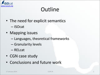 www.isocat.org

Outline

• The need for explicit semantics
– ISOcat

• Mapping issues
– Languages, theoretical frameworks
– Granularity levels
– RELcat

• CGN case study
• Conclusions and future work
17 January 2014

CLIN 24

2

 